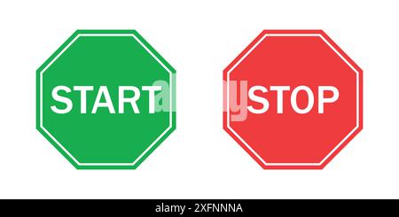 Stopp- und Start-Zeichen in grünen und roten Farben isoliert auf weißem Hintergrund. Straßenschild starten und stoppen. Vektorabbildung. Stock Vektor