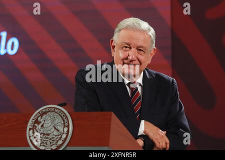 Nicht exklusiv: Präsident von Mexiko, Andres Manuel Lopez Obrador, spricht während einer Briefing-Konferenz im Nationalpalast. Wo er angekündigt hat, dass die Stockfoto