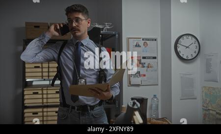 Ein junger spanischer Detektiv in einem Büro, der eine Akte hält und mit einem Ausweis und einer Uhr telefoniert. Stockfoto