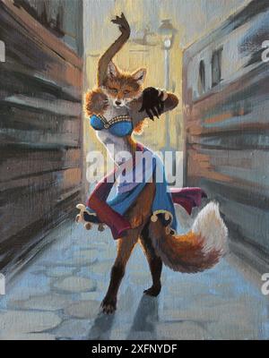 Eine Füchse tanzt auf der Straße - Ölgemälde von Hand mit Gemälden auf Leinwand. Pelzfuchs in einem blauen Kleid mit goldenen Verzierungen Stockfoto