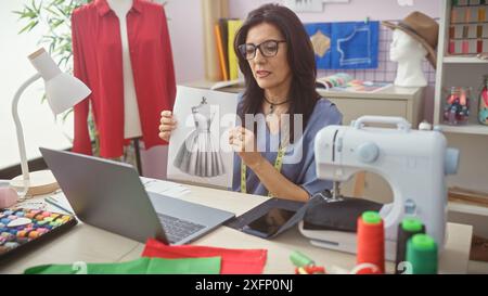 Hispanische Frau, die in einem Schneiderladen mit Nähmaschine und Stoff ein Kleid hält Stockfoto