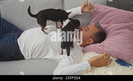 Ein hispanischer Mann mittleren Alters liegt auf einem Sofa in einem Wohnzimmer, interagiert mit zwei Chihuahuas und schafft so einen gemütlichen Hündchen-Moment. Stockfoto