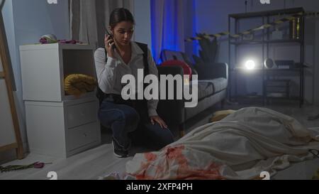 Junger hispanischer Polizist mit Ausweis, der den Tatort in Innenräumen mit Leiche und Blut untersucht Stockfoto