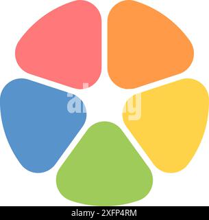 Infografik-Symbol für Kreisteilung. Tortendiagramm unterteilt in fünf gleiche Teile. Symbol für Sektoren mit abgerundeten Ecken. Farbiges Infografik-Runddiagramm mit Blumen Stock Vektor