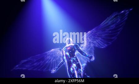 3D-Illustration eines Sternenenengels auf schwarzem Hintergrund Stockfoto