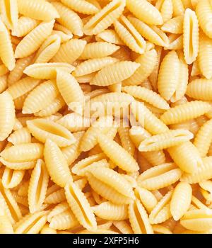 Eine Nahaufnahme, strukturierte Darstellung ungekochter italienischer Gnocchetti-Nudeln, die zufällig verstreut sind, ohne Menschen. Stockfoto