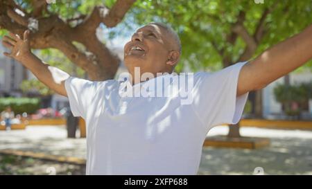 Hispanischer Seniorenmann streckt an einem sonnigen Tag freudig seine Arme in einem Stadtpark unter einem Baum aus. Stockfoto