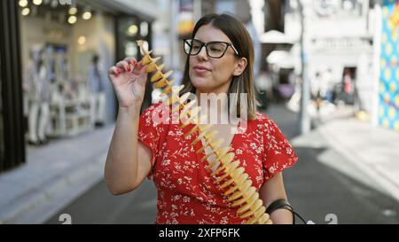 Wunderschöne hispanische Frau, die fröhlich knusprige, leckere Chips auf einem Stock in der takeshita Street, tokio isst - Reisende Junk Food Liebhaber, Sportbrille Stockfoto