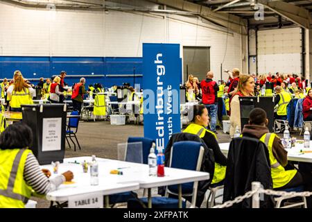 Edinburgh, Vereinigtes Königreich. 4. Juli 2024 im Bild: General View bei der Edinburgh Count für die Parlamentswahl im Vereinigten Königreich wird eröffnet. Die Zahl der fünf Wahlkreise in Edinburgh für die Parlamentswahlen 2024 findet im Royal Highland Centre am Stadtrand von Edinburgh statt. Quelle: Rich Dyson/Alamy Live News Stockfoto