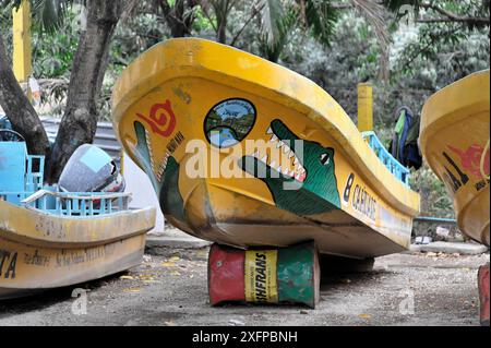 Bootsfahrt durch den beeindruckenden Canyon des Canon del Sunidero, Mexiko, Mittelamerika, gelbes Boot mit Krokodilmuster auf Plastik geparkt Stockfoto