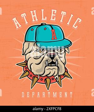 Vektorillustration von Bulldogge mit Kappe im Maskottchenstil. Kunst mit Schriftzug im College-Stil. Stock Vektor