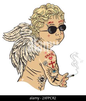 Vektor-Illustration des Engels mit Piercing und Tattoo. Gestreifte Kunst. Bearbeitbares Design für Drucke auf T-Shirts, Postern usw. Stock Vektor