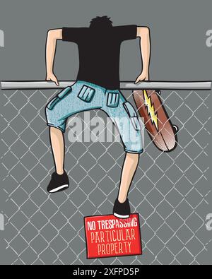 Vektor-Illustration eines jungen Mannes, der mit einem Skateboard in der Hand über einen Zaun springt. Stock Vektor