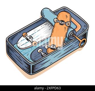 Editierbare Vektor-Illustration von Sardinen mit Skateboards. Design zum Bedrucken von T-Shirts, Postern usw. Stock Vektor