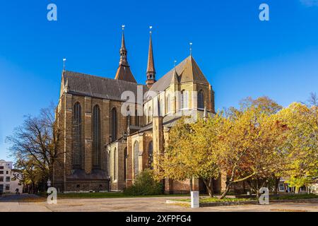 Blick auf die Marienkirche in der Hansestadt Rostock im Herbst Stockfoto