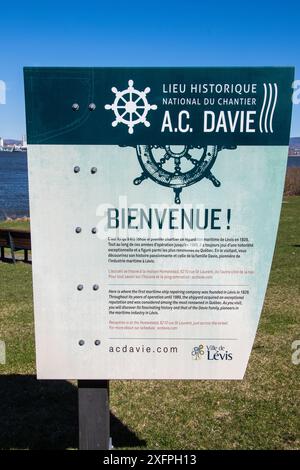 National Historic Place of AC DAVIE Werft Schild im Quai Paquet Park in Levis, Quebec, Kanada Stockfoto