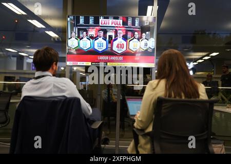 Medienvertreter im Zentrum Londons beobachten eine Austrittsumfrage, die der Labour Party einen Erdrutschsieg bei den Parlamentswahlen 2024 bescherte. Bilddatum: Donnerstag, 4. Juli 2024. Stockfoto