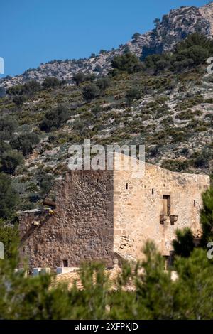 Castell de Sant Elm, altes Krankenhaus und Wehrturm, aus dem 14. Jahrhundert, Sant Elm, andratxküste, Mallorca, Balearen, Spanien Stockfoto