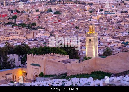 Panoramablick auf die Stadt von den Merinidengräbern, Fès, marokko Stockfoto