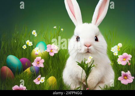 Osterhasen oder Kaninchen, Frühlingswiesen mit bunten Eiern in einem Korb und Blumen, Weihnachtsgrußkarte Stockfoto