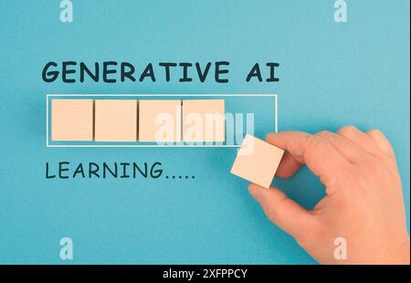 Generatives KI-Lernen, Ladebalken, künstliche Intelligenz im Gange, Technologie im Wettbewerb mit Humanressourcen, Arbeitskräfte gegen Cyborg Stockfoto