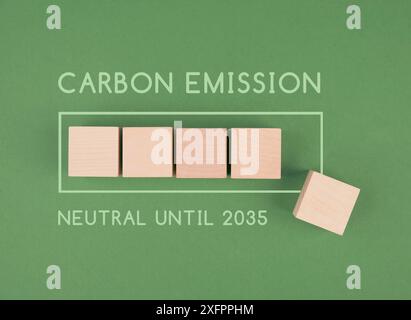 CO2-emissionsneutral bis 2035, Ladebalken für grüne Energie, CO2-Reduzierung der Fußabdrücke, nachhaltige erneuerbare Elektrizität, Umweltschutz Stockfoto