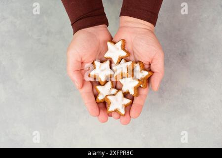 Zimtsterne, Zimtsterne traditionelle deutsche weihnachtskekse in den Händen, Lebkuchen mit Aniswürz für die Feiertage Stockfoto