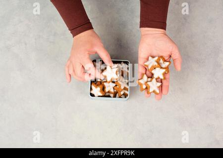 Zimtsterne, Zimtsterne traditionelle deutsche weihnachtskekse in einer Box, Lebkuchen mit Aniswürz für die Feiertage Stockfoto