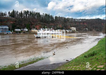 Moselflut, Trier in Rheinland-Pfalz, überflutete Wege, Hochwasser, Klimawandel Stockfoto