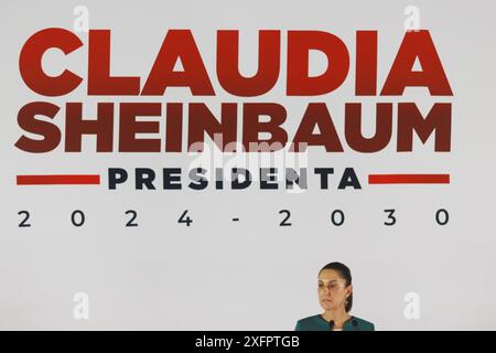 Mexiko-Stadt, Mexiko. Juli 2024. Claudia Sheinbaum Pardo, designierte Präsidentin Mexikos, spricht bei der Vorstellung des dritten Teils des Kabinetts. Am 4. Juli 2024 in Mexiko-Stadt. (Foto: Carlos Santiago/Eyepix Group/SIPA USA) Credit: SIPA USA/Alamy Live News Stockfoto