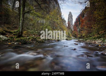 Pic de l'Oeillette, Schluchten der Guiers Mort, im Herbst. Regionaler Naturpark Chartreuse, Isere, Alpen, Frankreich, Oktober. Stockfoto