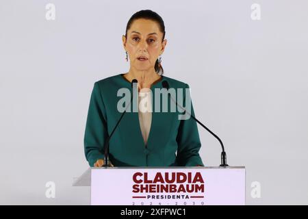 Mexiko-Stadt, Mexiko. Juli 2024. Claudia Sheinbaum Pardo, designierte Präsidentin Mexikos, spricht bei der Vorstellung des dritten Teils des Kabinetts. Am 4. Juli 2024 in Mexiko-Stadt. (Foto: Carlos Santiago/Eyepix Group/SIPA USA) Credit: SIPA USA/Alamy Live News Stockfoto