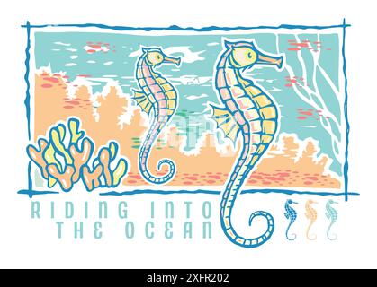 Vektorillustration von Seepferdchen in Stripped-Style. Kunstwerke zum Drucken auf T-Shirts, Poster usw. Stock Vektor