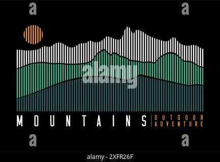 Darstellung von Silhouetten in Bergketten im grafischen Stil, bestehend aus parallelen Linien. Design zum Bedrucken von T-Shirts, Postern usw. Stock Vektor