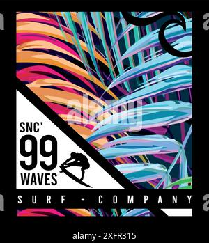 Bunte Vektor-Illustration der Komposition mit floralem Hintergrund, Text und Elementen, die auf Surfen anspielen. Kunst für T-Shirts, Plakate usw. ... Stock Vektor