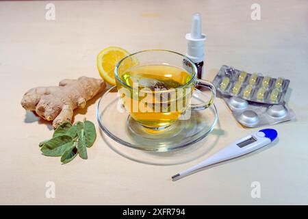 Hausmittel und Medikamente gegen Erkältungen und Grippe wie Salbei- und Ingwertee, Zitrone, Pillen, Nasenspray und Fieberthermometer, Kopierbereich, ausgewählter Fokus Stockfoto