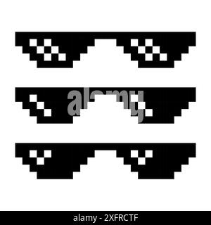 Symbol für Pixel-Sonnenbrille. Schwarz-weiß-Design. Drei Varianten. Vektorabbildung. Stock Vektor
