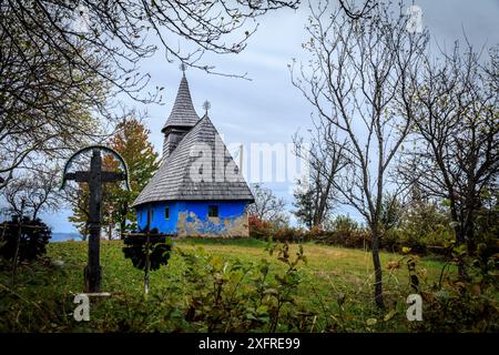 Europa, Rumänien. Maramures County. Die Dorfkirchen in Aspra sind blau gestrichen. Stockfoto