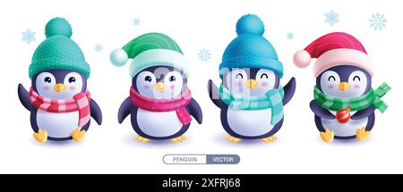 Pinguin-Zeichen-Vektor-Set-Design. Weihnachtspinguine glücklicher lächelnder Charakter trägt Weihnachtsmütze und Schal Elemente isoliert in weißem Hintergrund. Stock Vektor