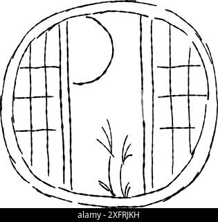 Nachthimmel, der den Mond von einem Fenster aus betrachtet, Strichzeichnung Illustration. Stock Vektor
