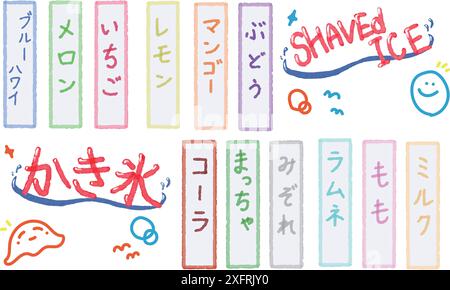 Jeder Buchstabe aus japanischem, rasierendem Eis ist akribisch gefertigt und mit lebhaften Farben und personalisierten Namensschildern verziert. Stock Vektor