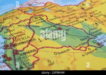 Irak der Weltkarte. Nahaufnahme und selektiver Fokus Stockfoto