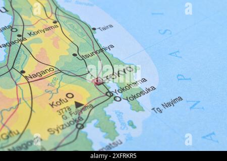 Tokio, Japan der Weltkarte. Nahaufnahme und selektiver Fokus. Reisekonzept Stockfoto