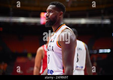 Valencia, Spanien. Juli 2024. Joao Fernandes aus Angola wurde während des Spiels zwischen Angola und Libanon bei Pabellon Fuente de San Luis gesehen. Endergebnis; Angola 70: 74 Libanon. Quelle: SOPA Images Limited/Alamy Live News Stockfoto