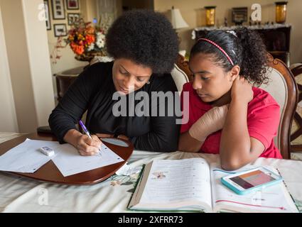 Afroamerikanische Mutter hilft Tochter bei Hausaufgaben am Esstisch. Stockfoto