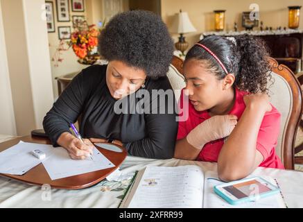 Afroamerikanische Mutter hilft Tochter bei Hausaufgaben am Esstisch. Stockfoto