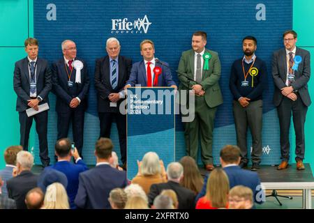 Glenrothes, Schottland. Juli 2024. Wahl im Vereinigten Königreich: Neu gewählter Labour-Abgeordneter Graeme Downie spricht, nachdem er den Sitz in den Wahlkreisen Dunfermline und Dollar gewonnen hat. Quelle: Tim Gray/Alamy Live News Stockfoto