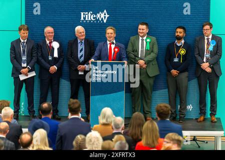 Glenrothes, Schottland. Juli 2024. Wahl im Vereinigten Königreich: Neu gewählter Labour-Abgeordneter Graeme Downie spricht, nachdem er den Sitz in den Wahlkreisen Dunfermline und Dollar gewonnen hat. Quelle: Tim Gray/Alamy Live News Stockfoto