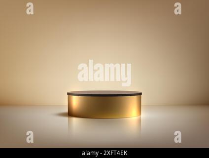 Luxuriöses 3D Gold Podium mit schwarzer Oberseite auf beigefarbenem Hintergrund, perfekt für Produktpräsentation, Mockup und Showcase Stock Vektor