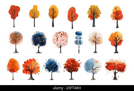 Setzen Sie Herbst- und Winter-Aquarellbäume. Handgezeichnet. Illustration des flachen Vektors. Isolierter Zeichentrick Stock Vektor